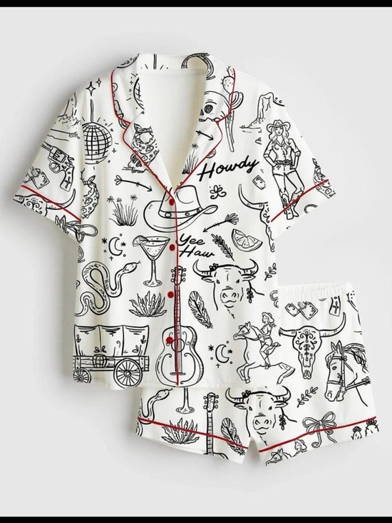 Other - 10 sets! Western Print Short Pajama Set - White with Black & Red Trim